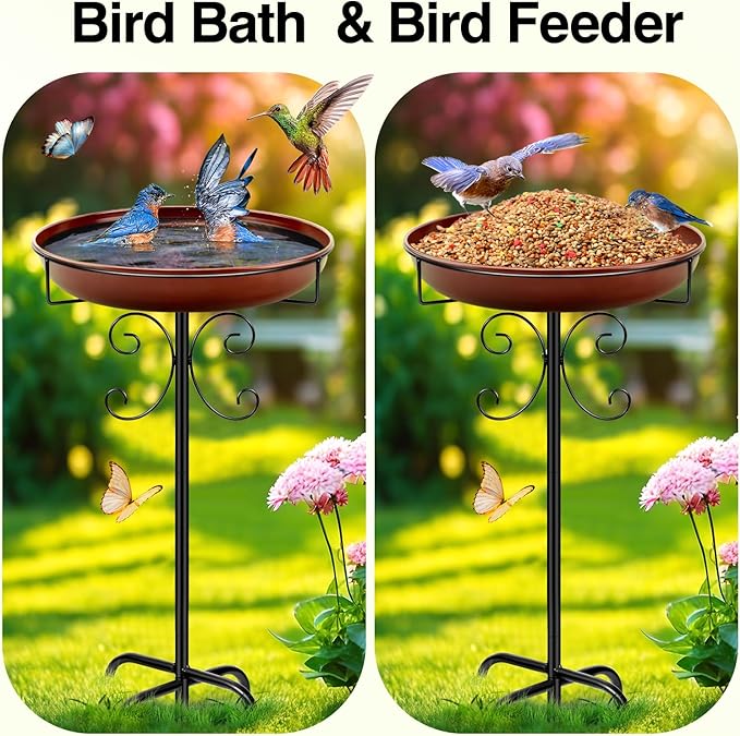 Daoeny Heavy Duty Bird Baths for Outdoors, 35In Outdoor Freestanding Birdbaths & Birdfeeder, Bird Bath Feeder Bowl with Metal Stake Garden Patio Yard Lawn Decor, Upgraded 5-Pronged Base (Brown)