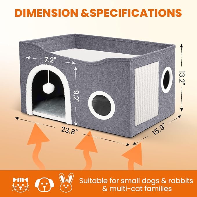 Indoor Heated Cat House, Adjustable Temperature Cat Heating Bed with Timer and Chew Resistant Cord, Large Cat House with Heating Pad for Small Medium and Large Cats