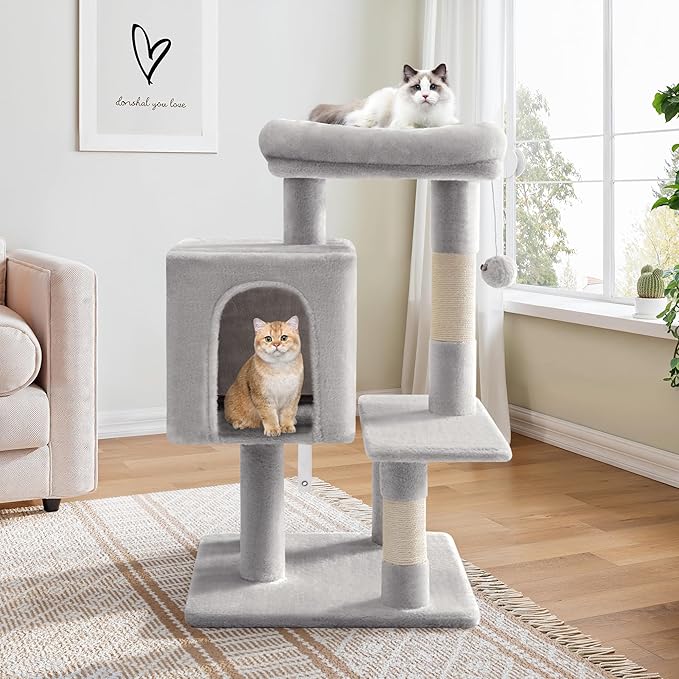 Allewie 29 Inches Cat Tree Tower/Plush Perches Platform/Condo/House/Sisal Scratching Posts/Multi-Level Activity Center Furniture for Kittens/Grey