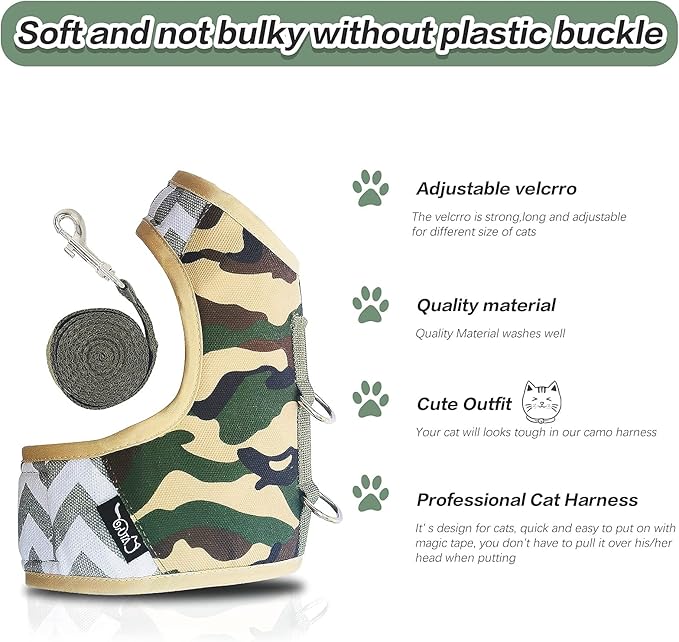 Cat Harness and Leash Set for Walking Escape Proof, Adjustable Cat Vest Harness, Padded Stylish Cat Walking Jackets, Camo Green, Medium