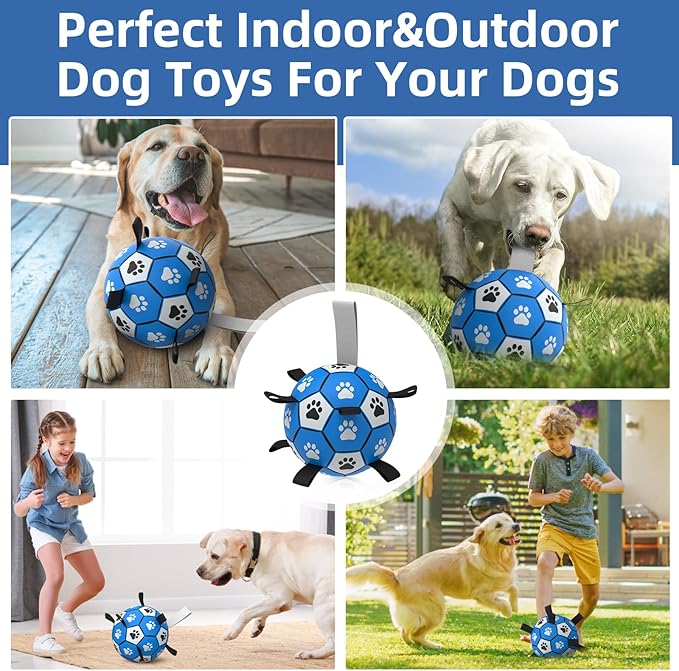 QDAN Extra Large Dog Toys Soccer Ball - Durable Dog Balls for Extra Large Dogs with Straps, Outdoor Dog Toys, Dog Water Toy, Herding Ball (9 Inch)