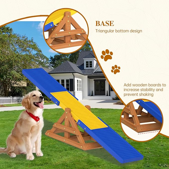 95" Wooden Dog Seesaw, Dogs Agility Course Backyard Set for Training and Exercise - Outdoor Big Dog Agility Equipment Practice See Saw