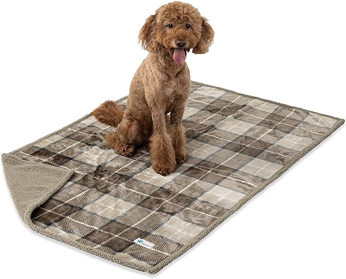 PetAmi Waterproof Dog Blanket for Medium Large Dog Puppy Cat Throw for Couch Cover Leakproof Protection, Sherpa Fleece, Reversible Soft Washable 60x40 Plaid Taupe
