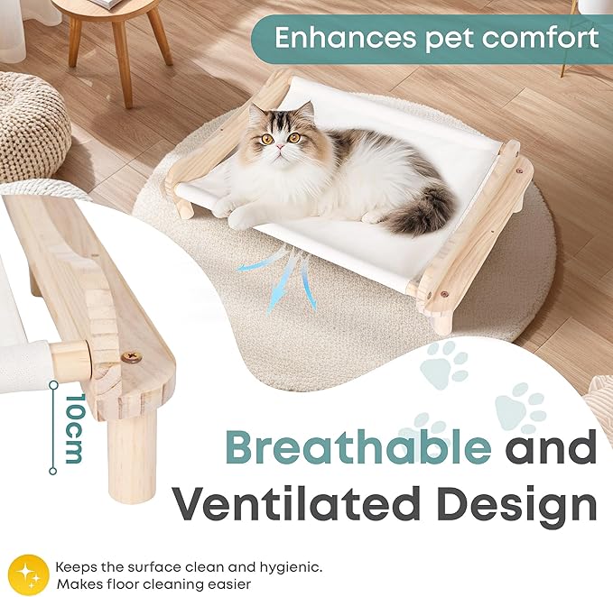 Elevated Wooden Cat Bed – 24"x15.7"x5.9" Breathable Hammock Pet Bed for Indoor/Outdoor Use, Raised Dog Lounger for Small Pets Like Kittens, Puppies, Rabbits, and Bunnies(White-1)