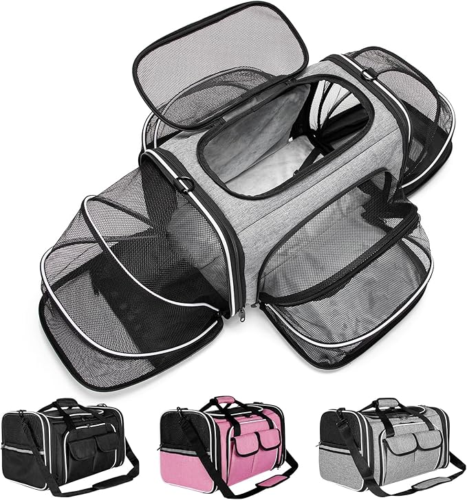 Estarer Soft Sided Pet Carrier Airline Approved, 4 Sides Expandable Collapsible Cat Carrier with Pockets & Removable Fleece Pad, Travel Carrier Bag for Cat Dog & Small Animals (Grey)