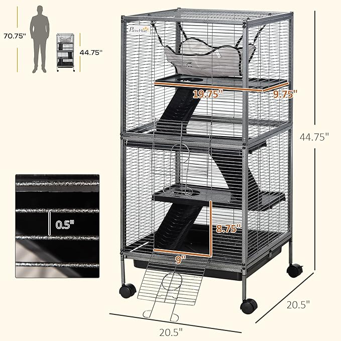 PawHut Metal Small Animal Cage, 4-Tiers Rolling Big Ferret Cage with Hammock, Removable Tray, for Chinchilla, Sugar Glider, Gray