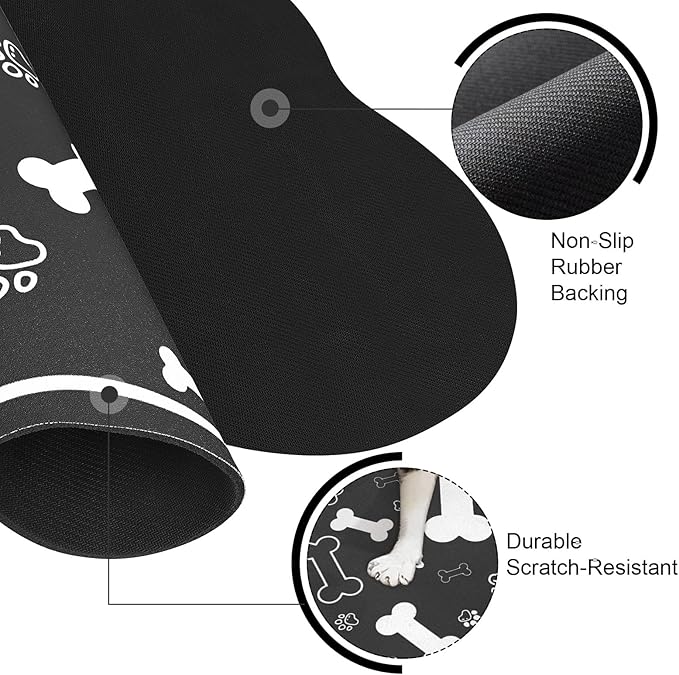 Dog Cat Food Mat,Rapid Absorbent Pet Feeding Mat, Bone Shaped Dog Placemat Water Bowl Mat with Rubber Backing,No Stains Dog Cat Food Mats Indoor, Pet Accessories Supplies 17"×29" Black