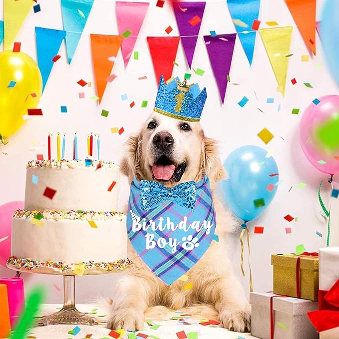 Dog Birthday Party Supplies, Multi Sizes Dog Birthday Bandana Boy Dog Birthday Hat Crown with Birthday Numbers Bow Tie for Large Extra Large Dogs Pets (Light Blue, X-Large)