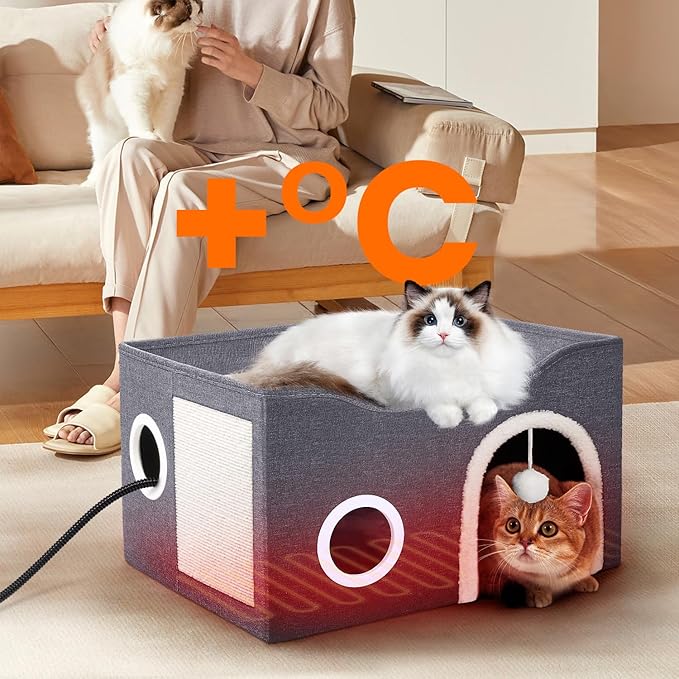 Indoor Heated Cat House, Adjustable Temperature Cat Heating Bed with Timer and Chew Resistant Cord, Large Cat House with Heating Pad for Small Medium and Large Cats