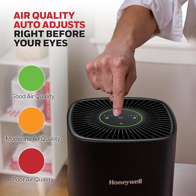 Honeywell Allergen Plus Compact HEPA Small Room Air Purifiers for Home, Up to 530 Ft² Coverage, 3-in-1 Filter, Pet Dander, Smoke & Odor Reducer Air Quality Sensor with Auto Mode, Black, HPA125B