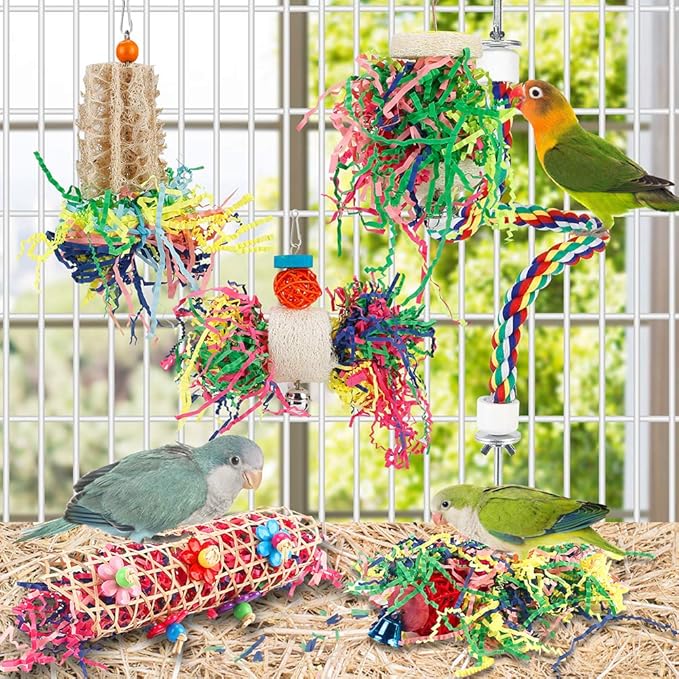 Foraging Bird Toys - Shredding Parakeet Toys with Rope Perch for Conure, Cockatiel, Budgies, Lovebird, Parrotlet