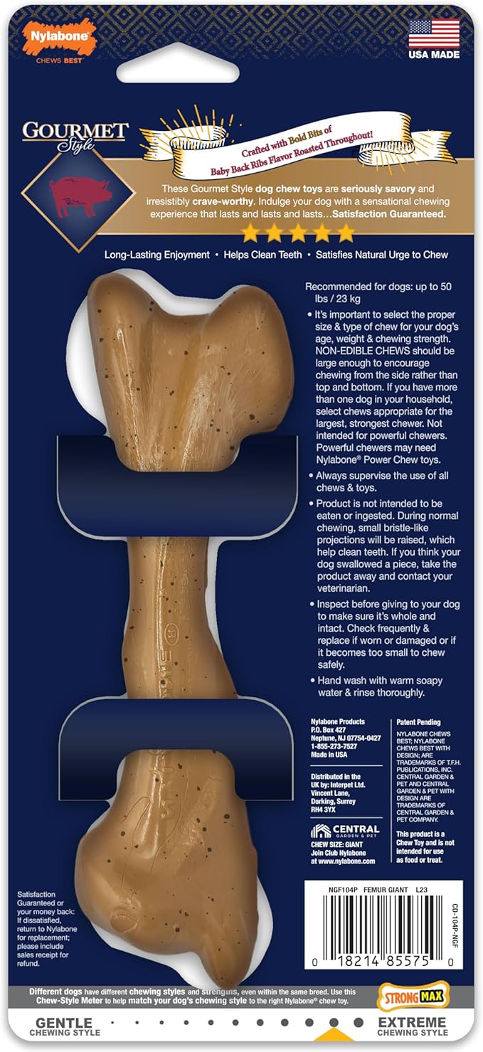 Nylabone Gourmet Style Femur Bone Strong Chew Toy for Dogs, Baby Back Rib Flavor, Large - Up to 50 lb., 1 Count
