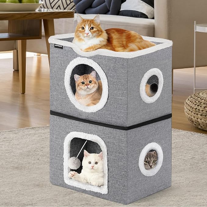 URPOWER 2 Story Cat Bed, Large Cat House for Indoor Cats Covered Cat Cave with Hideaway, Scratch Pad and Fluffy Ball, Foldable Cat Cube Condos Kitten Beds & Furniture for Multiple Small Pets