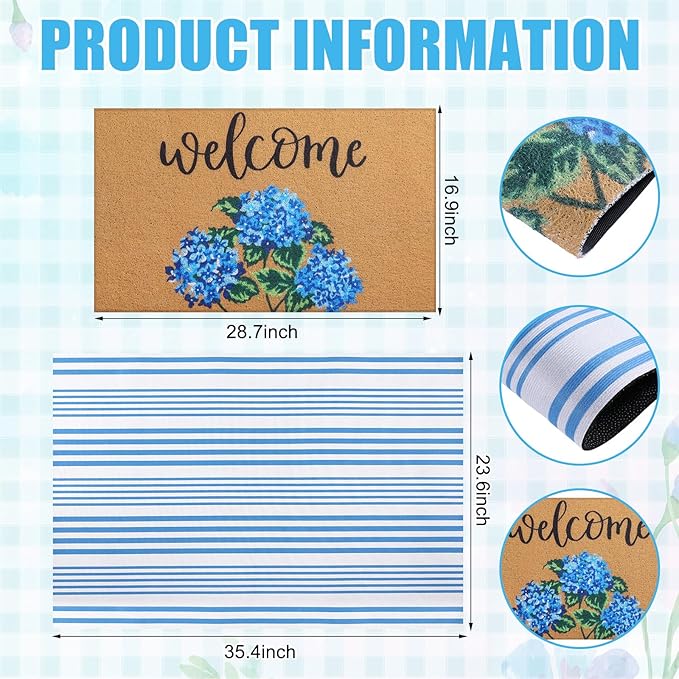 Tinideya 2 Pcs Hydrangea Door Mat Blue and White Stripe Welcome Non Slip Flower Coir Mats Floor Layering Floral Doormats Seasonal for Front Porch Entryway Decor(Blue Flower)