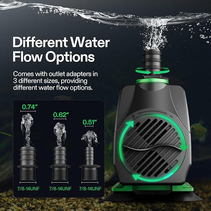VIVOSUN 800GPH Submersible Pump(3000L/H, 24W), Ultra Quiet Water Fountain Pump with 10ft. High Lift with 6.5ft. Power Cord, 3 Nozzles for Fish Tank, Pond, Aquarium, Statuary, Hydroponics Green