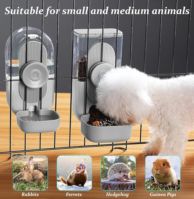 Kenond Hanging Automatic Food Water Dispenser, 35oz Rabbit Feeder Guinea Pig Water Bottle Feeder for Ferret Guinea Pig Rabbit Bunny Cage Accessories(Gray)
