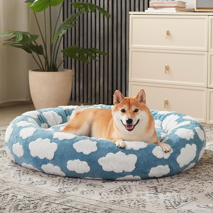 JOEJOY Donut Small Dog Bed, Round Cat Beds for Indoor Cats with Removable Washable Cover, Orthopedic Cute Puppy Kitten Pet Bed with Jacquard Shaggy Plush & Non Skid Bottom, Black