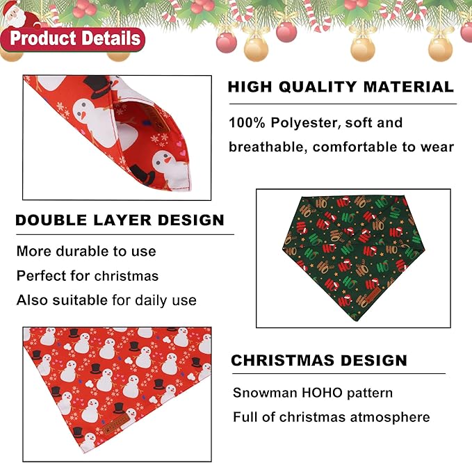 ADOGGYGO Christmas Dog Bandanas 2 Pack, Reversible Snowman Hoho Pattern Xmas Scarf, Premium Fabric, Adjustable Fit Red Green Christmas Bandanas for Medium Large Dogs (Large)