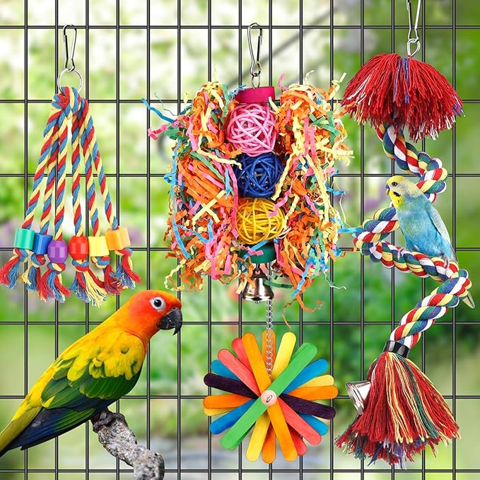 Bird Toys Rope Perch with Bell Colorful Bird Chewing Shredding Foraging Toys Parrot Swing Climbing Standing Hanging Toys Cage Accessories for Conure Cockatiel Budgies Lovebird