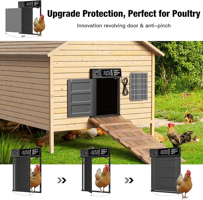 Automatic Chicken Coop Door, Large Size Solar Powered Coop Door with Opening in Emergency, Anti-Pinch, Timer & Light Sensor, Aluminum Waterproof Auto Chicken Door, with 7W Solar Panel