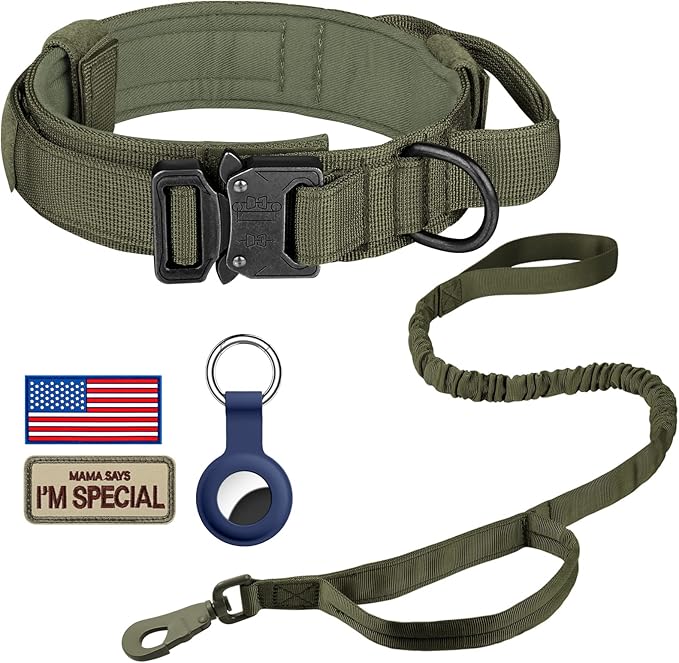 DAGANXI Tactical Dog Collar, Adjustable Military Training Nylon Dog Collar with Control Handle and Heavy Metal Buckle for Medium and Large Dogs, with Patches and Airtags Case (M, Green-Set)