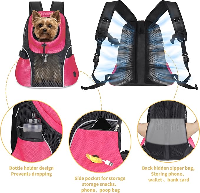 WOYYHO Pet Dog Carrier Backpack Small Dog Front Backpack Ventilated Mesh Dog Travel Back Pack with Safety Belt for Travel Hiking Cycling Outdoor Adventures (Size S: 2-4.5 lbs, Rethink Pink)