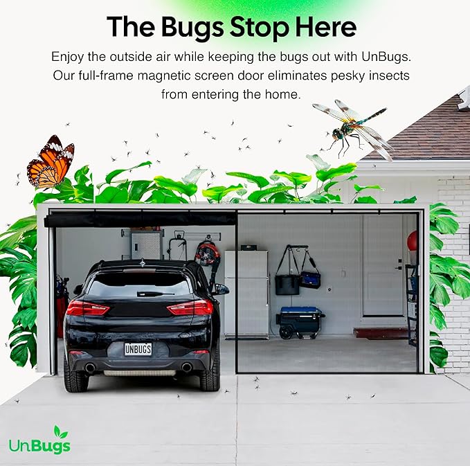 UnBugs Garage Screen Doors for 2 Car Garage - Fits Double Garage Doors up to 16 Feet Wide x 8 Feet Tall MAX- Pet & Kid Friendly, Self-Closing - Hands Free Magnet Closure Keeps Bugs Out & Breeze in