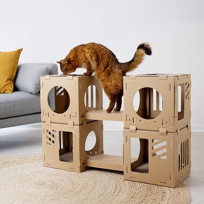 Navaris Modular Cardboard Cat House - DIY Corrugated Cardboard Configurable Play Tower Condo for Small Cats, Kittens, Rabbits - 4 Cubes with 2 Bridges