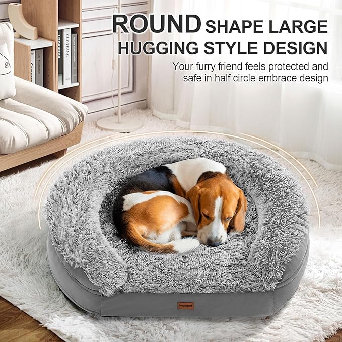 3.7 inch Thickened Orthopedic Dog Beds for Medium Dogs, Supportive Dog Sofa Bed with 28D Egg-Crate Foam, Removable Washable Plush Cover, Waterproof Lining, Half-Round Design for Puppy,Senior Dog