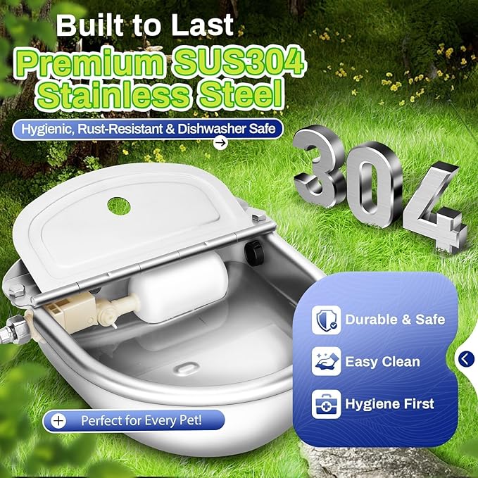 Automatic Animal Drinking Water Bowl with Float Valve, 304 Stainless Steel Kit Includes Bowl, Pipe, 2 Valves, Quick Connector Adapter and Countersunk Bolts. (Auto-Filling)