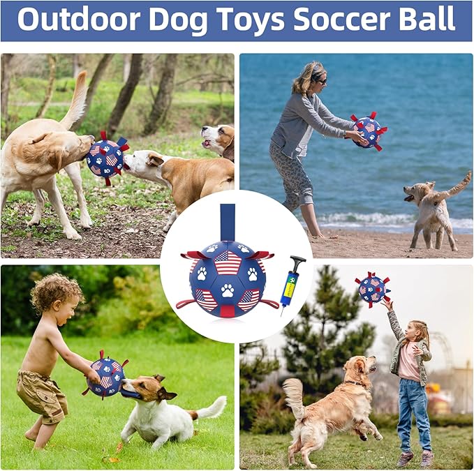 QDAN Dog Toys Soccer Ball with Straps, Durable Balls for Large Dogs, Beach Pool Dog Water Toy, Puppy Dog Birthday Gifts (8 Inch)