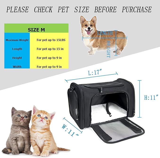 Soft Sided Carrier for Small Medium Cats Dogs,TSA Airline Approved Collapsible Travel Pet Carrier Medium Black