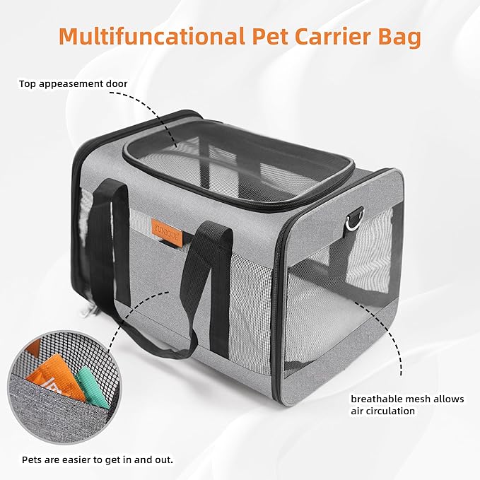 YUNIQUE Soft-Sided Cat & Dog Carrier for Pets Up to 15 Lbs, Airline Approved Collapsible Travel Puppy Carrier with Lightweight Fabric Design (Grey)