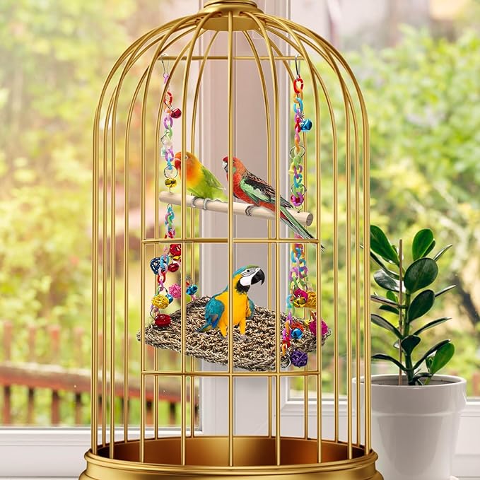 Bird Swing Mat with Wood Perch, AHIER Seagrass Bird Hammock for Conures with Chewing Toy for Parakeets, Budgie, Cockatiel, Lovebird Cage Accessories