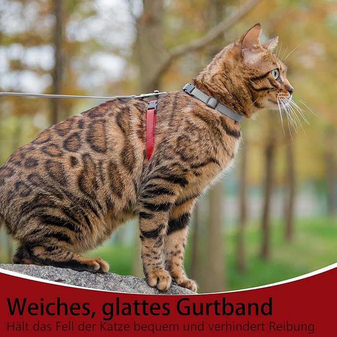 PUPTECK Adjustable Cat Harness and Leash Set Escape Proof Kitten Strap Collar for Walking Travel, Grey/Red Mixed