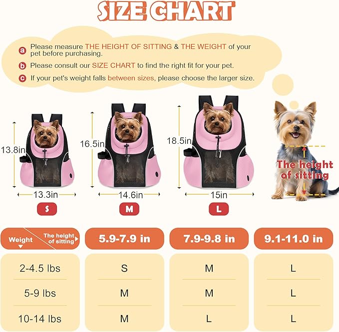 WOYYHO Pet Dog Carrier Backpack Small Dog Front Backpack Ventilated Mesh Dog Travel Back Pack with Safety Belt for Travel Hiking Cycling Outdoor Adventures (Size L: 10-14 lbs, Pink)