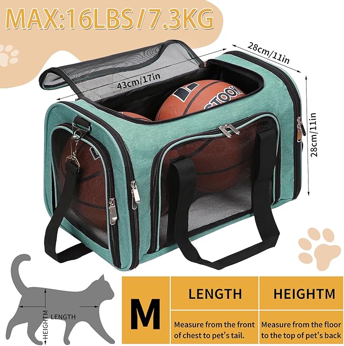 Soft-Sided Cat/Dog/Pet Carrier, Collapsible Pets Travel Carriers for Big Cats/Small Dogs with Shoulder Strap & Removable Mat, Mesh Puppy Carry Bag, Up to 16 Lbs, TSA Airline Approved(Turquoise)