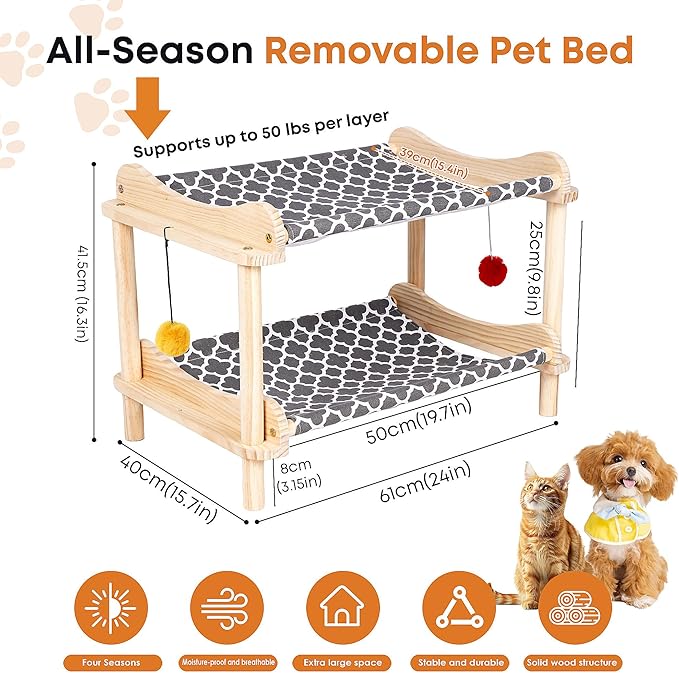 2-Layer Cat Hammock Bed, 24"x15.7"x16.3" Elevated Cat Bed with Pine Wood Frame, Breathable Washable Covers, Wooden Pet Furniture for Indoor Cats and Small Animals (Grey-2)