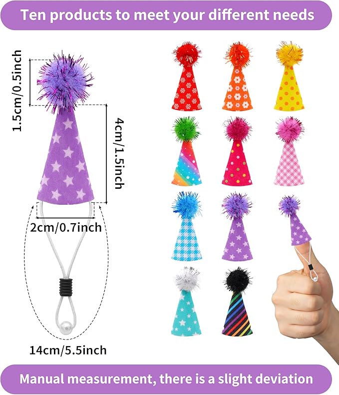 PET SHOW 10 Pack Hamster Hats Tiny Hats for Snakes Hedgehog Lizard Reptile Mini Animal Figure Hats with Tinsel Pom Adjustable Felt Headband Guinea Pig Chicken Bird Small Pet Birthday Party Accessories