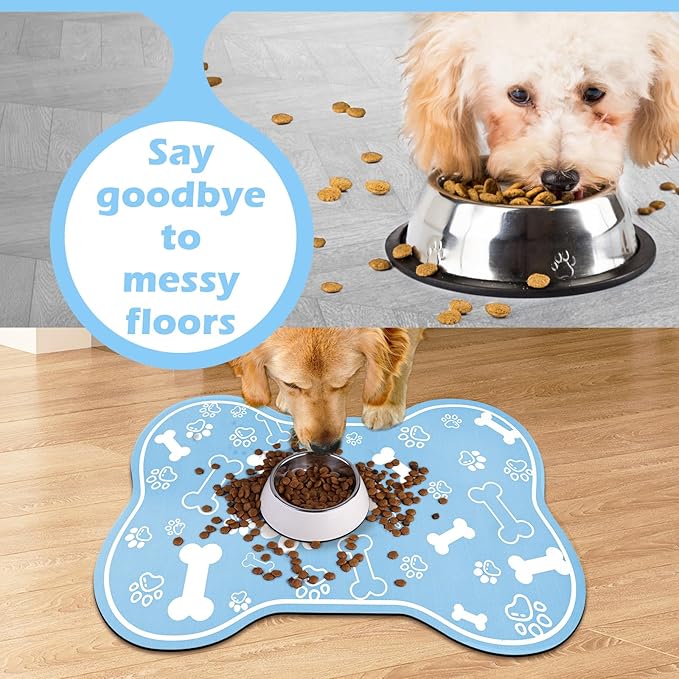 Dog Cat Mat for Food and Water,Rapid Absorbent Pet Feeding Mat, Bone Shaped Dog Placemat Bowl Mat with Rubber Backing,No Stains Pet Food Mats Indoor, Pet Accessories Supplies,Blue 17"×29"