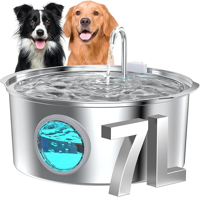 Dog Water Fountain for Large Dogs: 7L/236oz/1.8G Dog Fountain Stainless Steel - Big Cat Drinking Fountain Indoor - Super Quiet Water Fountain for Dogs Inside - for Large Dog Cats & Multi-Pet Home