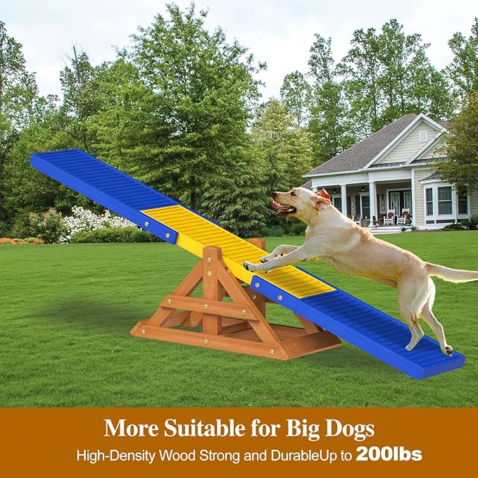 95" Wooden Dog Seesaw, Dogs Agility Course Backyard Set for Training and Exercise - Outdoor Big Dog Agility Equipment Practice See Saw