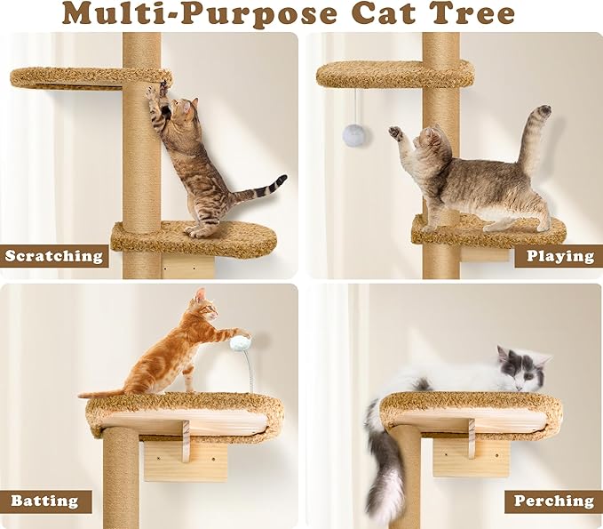 5-Tier Tall Cat Tree for Kittens, Floor to Ceiling Wall Mounted Cat Wall Shelves with Brown Plush Pads, Adjustable Wild Simulation Cat Tower for Climbing, Scratching & Lookout