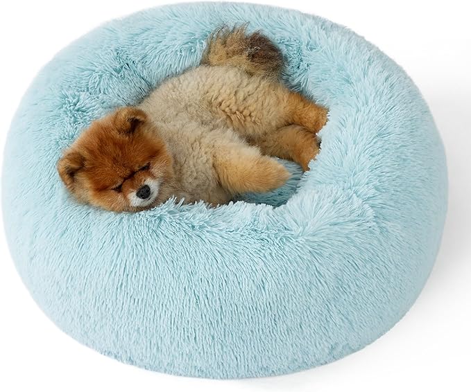 Bedsure Calming Dog Bed for Small Dogs - Donut Washable Small Pet Bed, 23 inches Anti-Slip Round Fluffy Plush Faux Fur Large Cat Bed, Fits up to 25 lbs Pets, Aqua Blue
