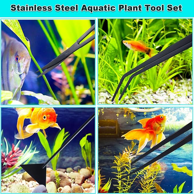 Aquarium Aquascape Tools Kit, Long 15 Inch Stainless Steel Aquatic Plants Tools, 4 in 1 Anti-Rust Black Aquascaping Tweezers Scissors Spatula Scrapers Tool Set for Fish Tank Cleaning Plant Trimming