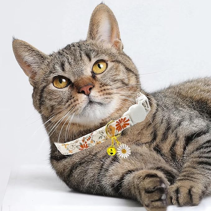 2 Pack Cotton Breakaway Cat Collars Set with Bell and Flower Pendant, Cute Floral Fruit Patterned, Adjustable 7.5-11Inch, Include A Mouse Toy Gift