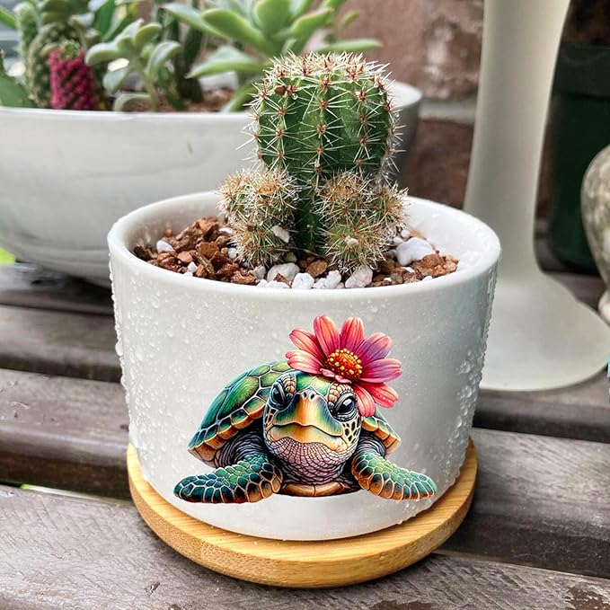 Turtle Succulent Pots 3 Pack, 3 Inch Succulent Planters with Drainage and Bamboo Tray, Turtle Gifts for Women, Ceramic Small Pots for Baby Plants, Cactus, Herbs- Plants Not Included