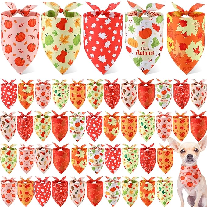 Weewooday 50 Pcs Thanksgiving Fall Dog Bandanas Bulk for Dogs Autumn Soft Bibs Adjustable Triangle Pet Bandana for Small Medium Large Costume(Leaves Pattern, 25.6 x 17.7 x 17.7 Inch)