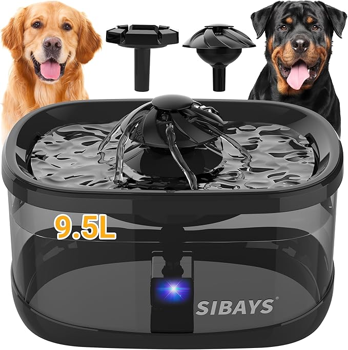 SIBAYS 9.5L/2.5Gal Dog Water Fountain, 3 Flow Modes Automatic Pet Water Fountain with LED Light & Water Shortage Reminder, Ultra Quiet Dog Water Bowl Dispenser for Large Dogs & Multi-Pet(FS82, Black)