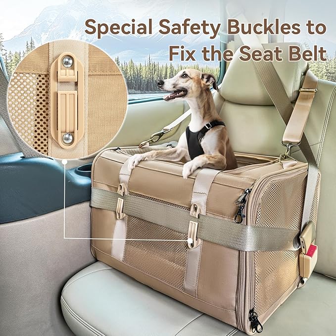 Petsfit 19x12x12 Pet Carrier for Large Cats (up to 20 lbs), Soft-Sided Small Dog Travel Carrier, Upgraded with Patented Buckle and Soft Padding, Ideal for Car Road Trips,Khaki